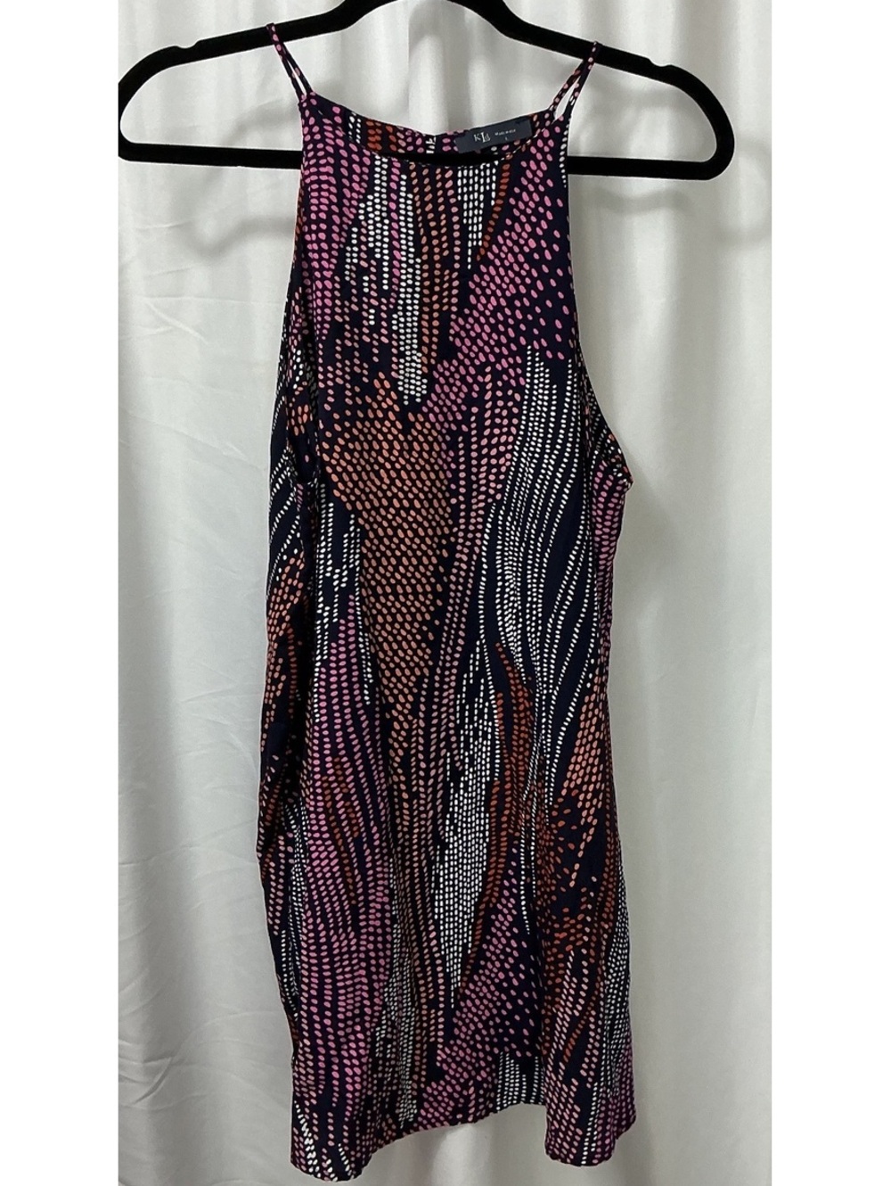 KLD Women L Abstract Dot Print Sleeveless Mini Dress Made in USA Party vacation